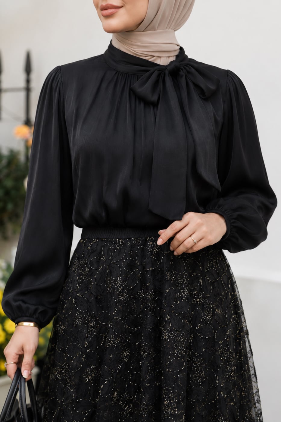 Black Lace Overlay A-Line Skirt with Gold Floral Pattern - Podyumplus - by Peralane - photo 5