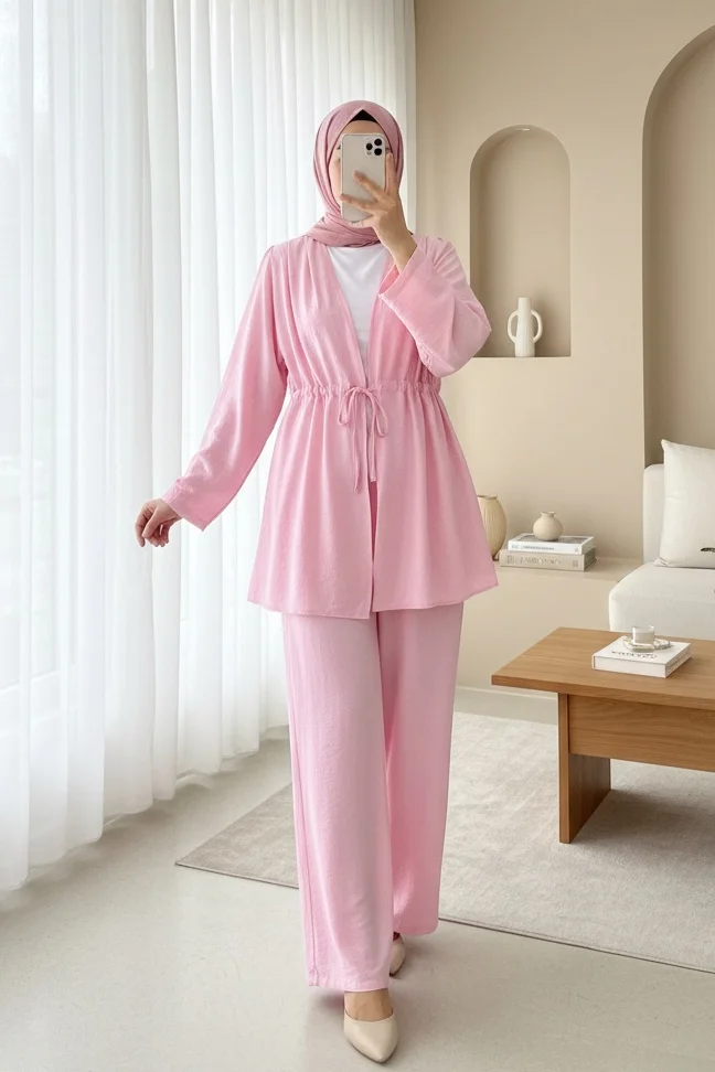 Stone-Detailed Wide-Leg Trousers and Tunnel-Lace Kimono Co-ord Set - Pink - Podyumplus - by Peralane
