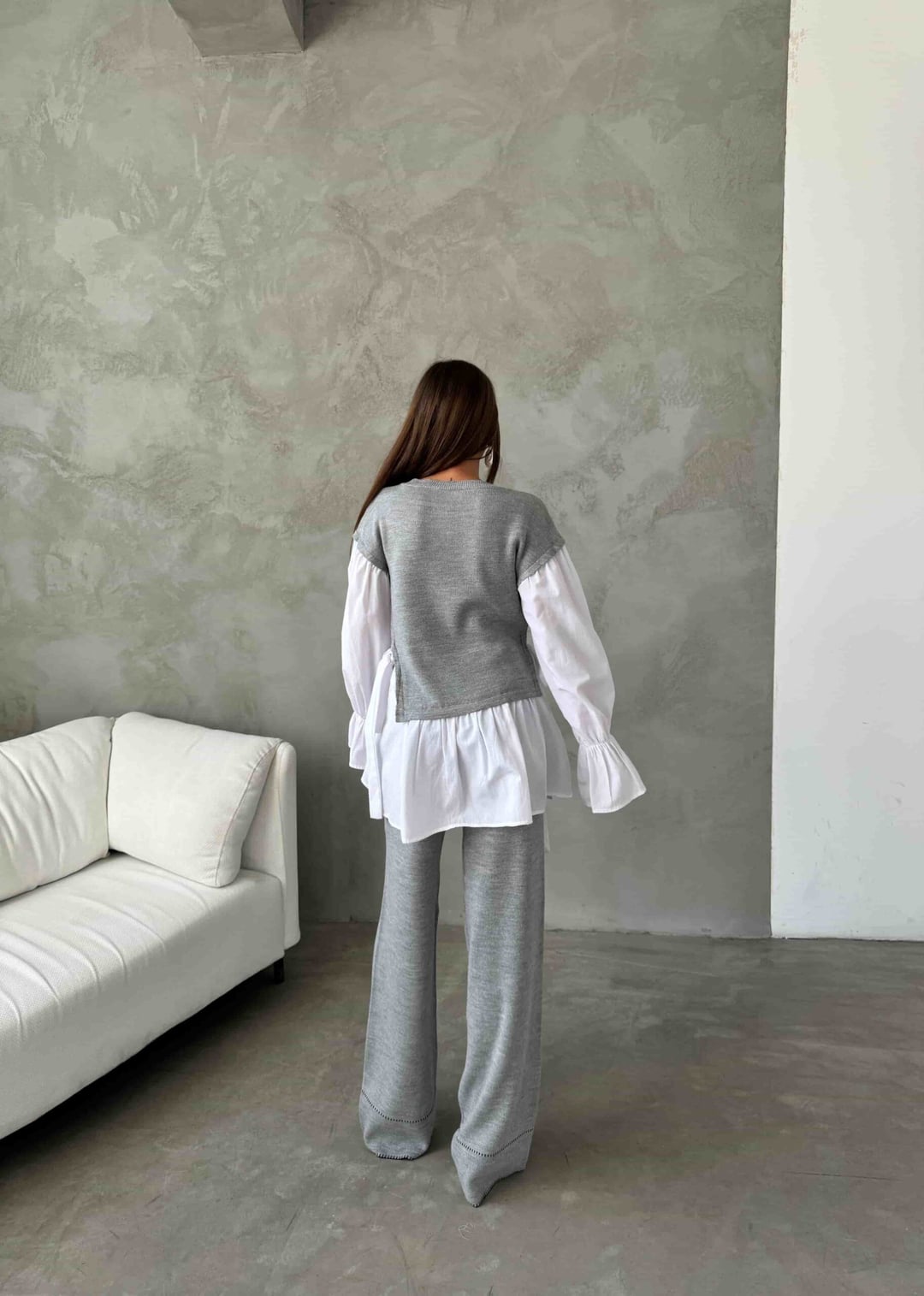 Grey Knit Two-Piece Set with Shirt Layer and Wide-Leg Trousers - My Bee - by Peralane - photo 4