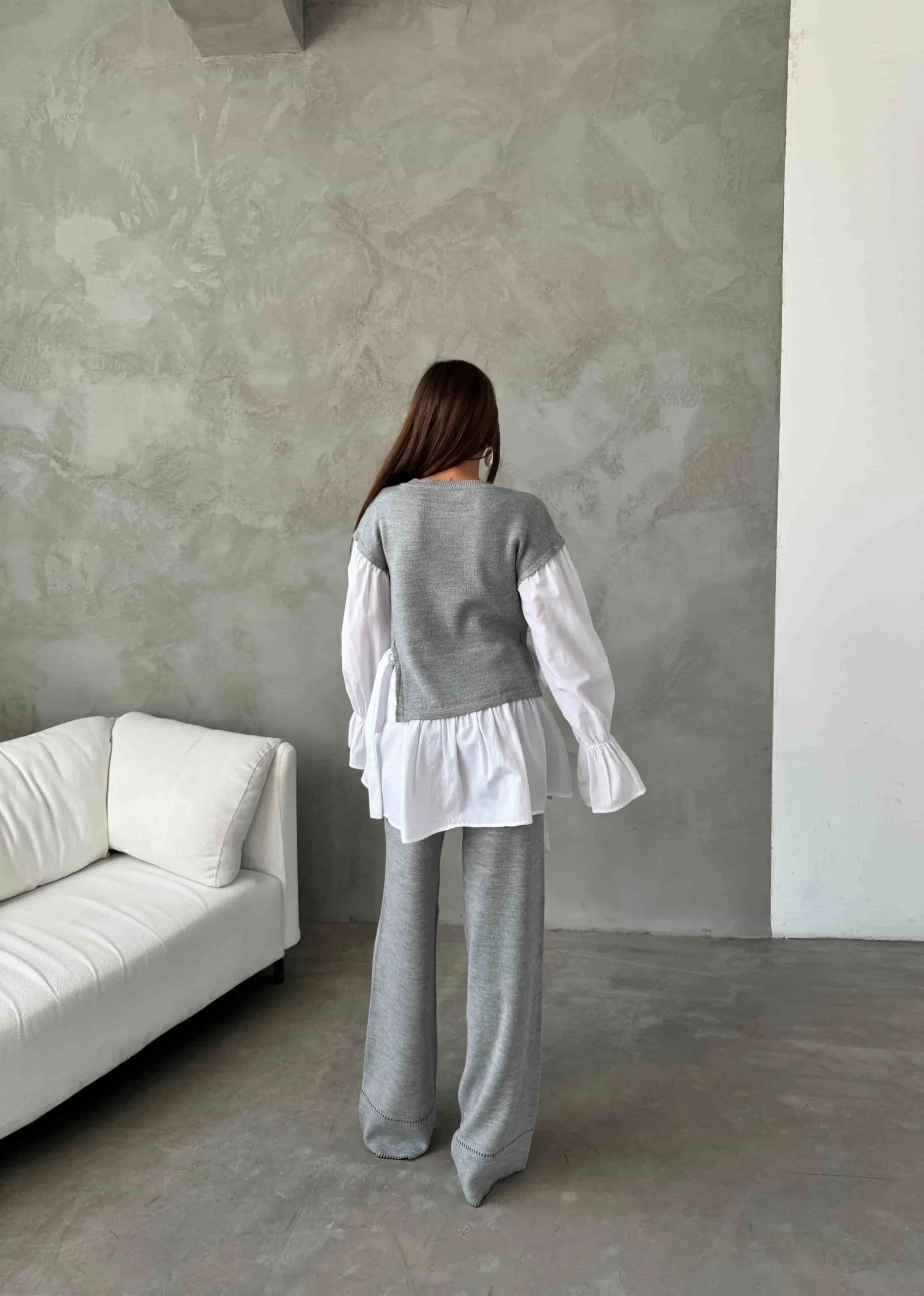 Grey Knit Two-Piece Set with Shirt Layer and Wide-Leg Trousers - My Bee - by Peralane - photo 4