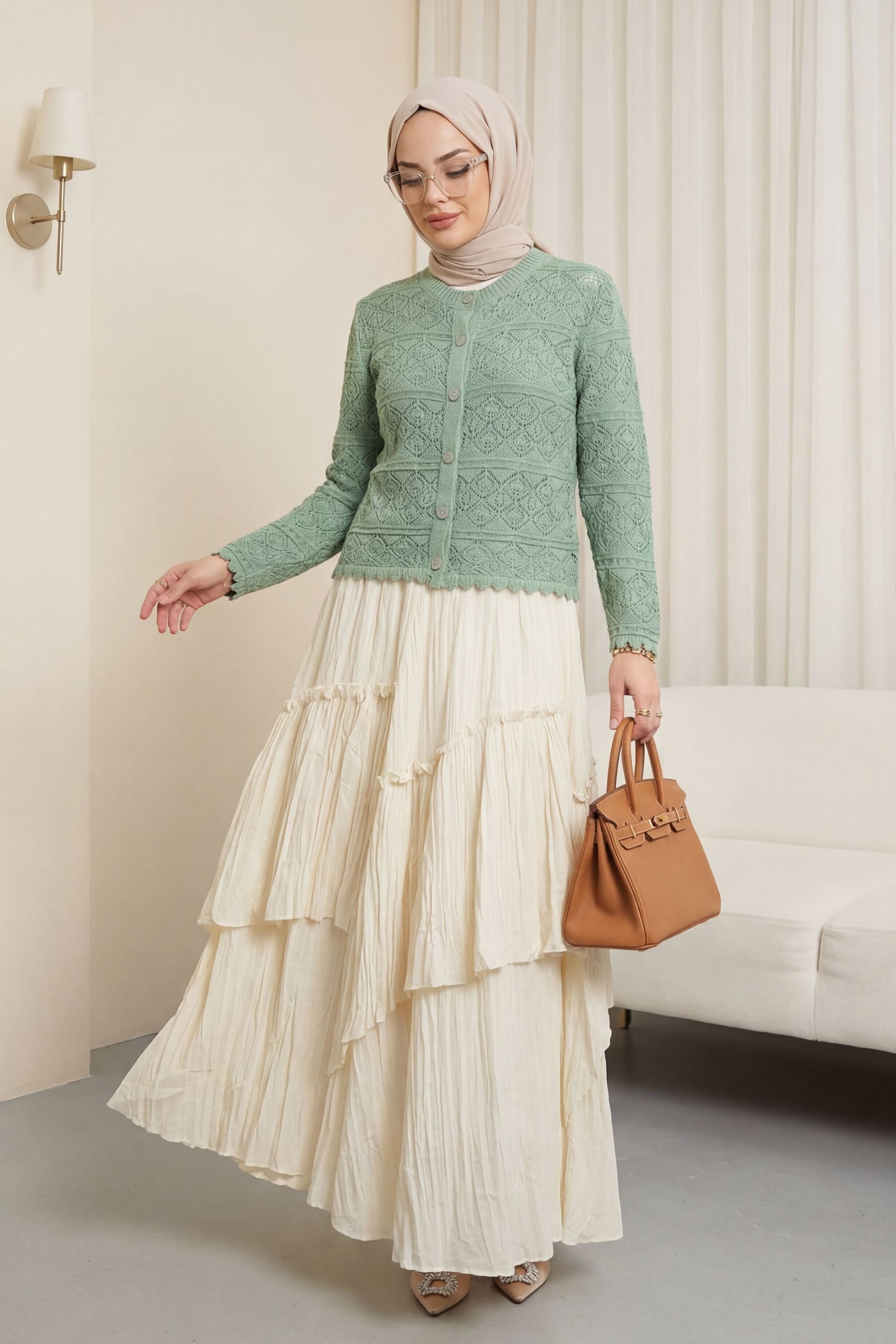 Buttoned Patterned Openwork Knit Cardigan - Mint - Podyumplus - by Peralane - photo 4