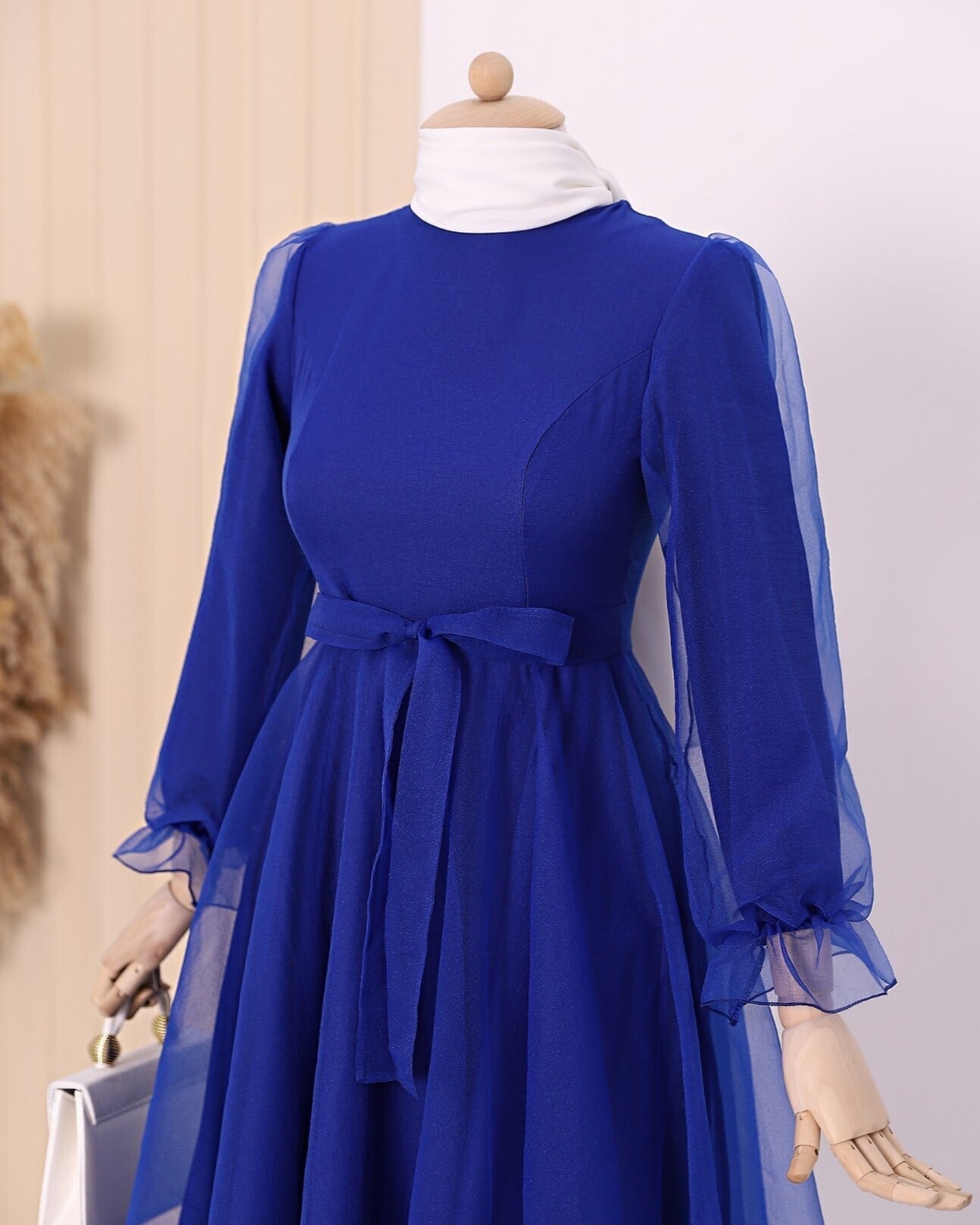 Belted Tulle Formal Dress with Flared Sleeves and Skirt - Saks - Podyumplus - by Peralane - photo 5