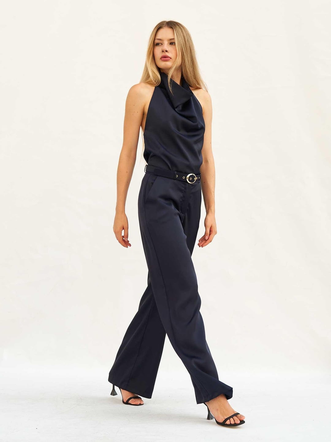 Navy Satin Wide-Leg Trousers with Belt - Lefon - by Peralane - photo 2