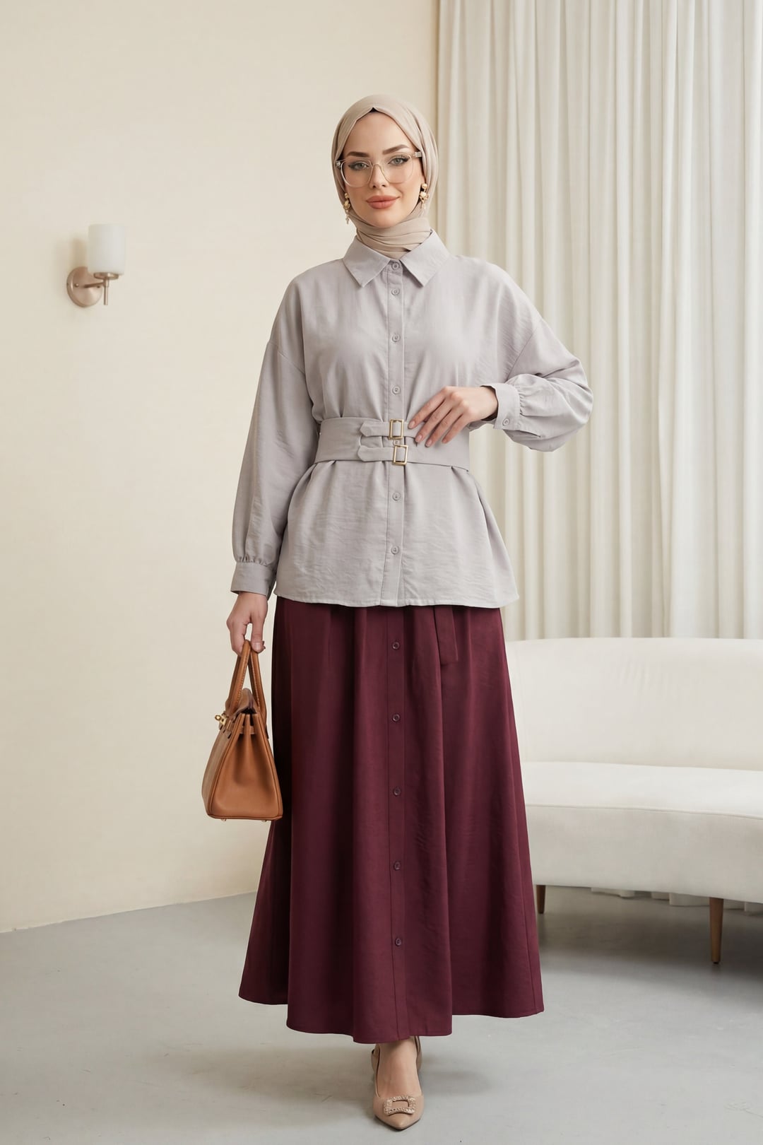Double Buckle Elastic Belted Front Button Cupra Shirt - Light Grey - Podyumplus - by Peralane - photo 4