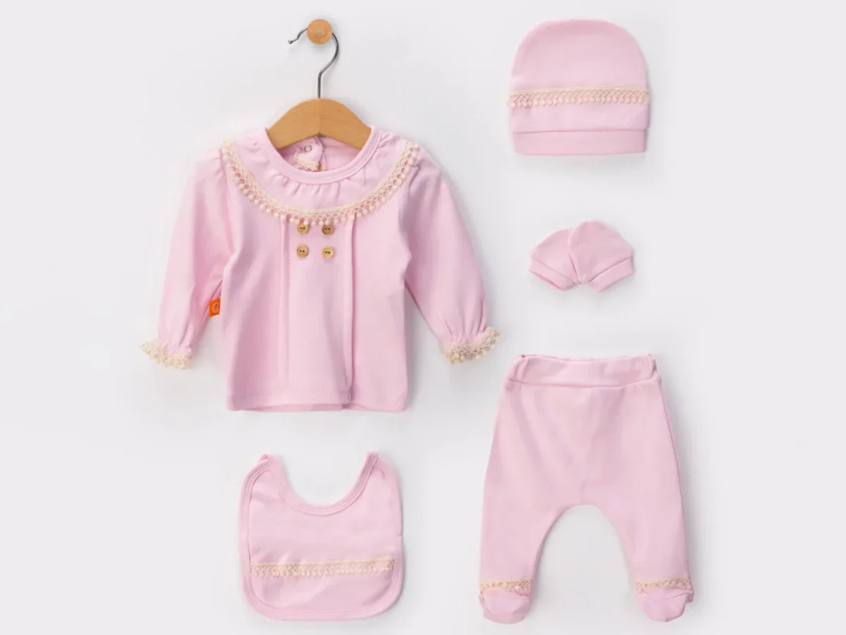 Lace-Trimmed Newborn Baby Girl 5-Piece Set in Pink - Beyaz Bebek - by Peralane