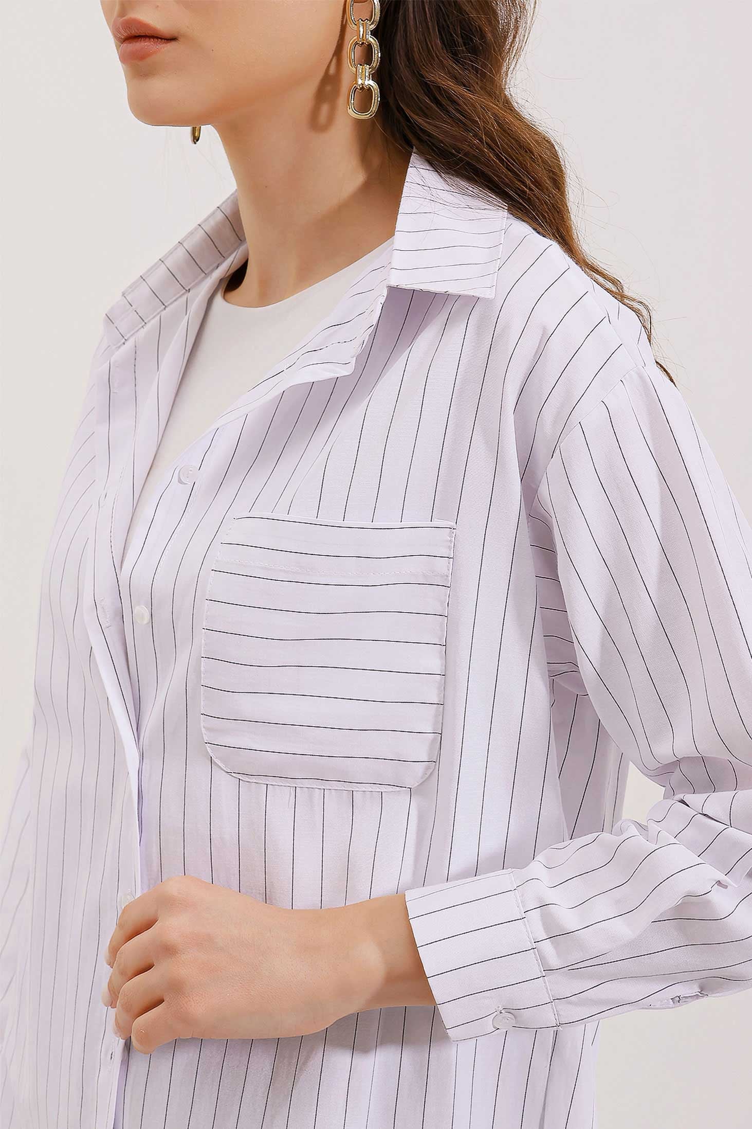 White Striped Oversized Shirt with Pocket Detail - Bigdart - by Peralane - photo 2