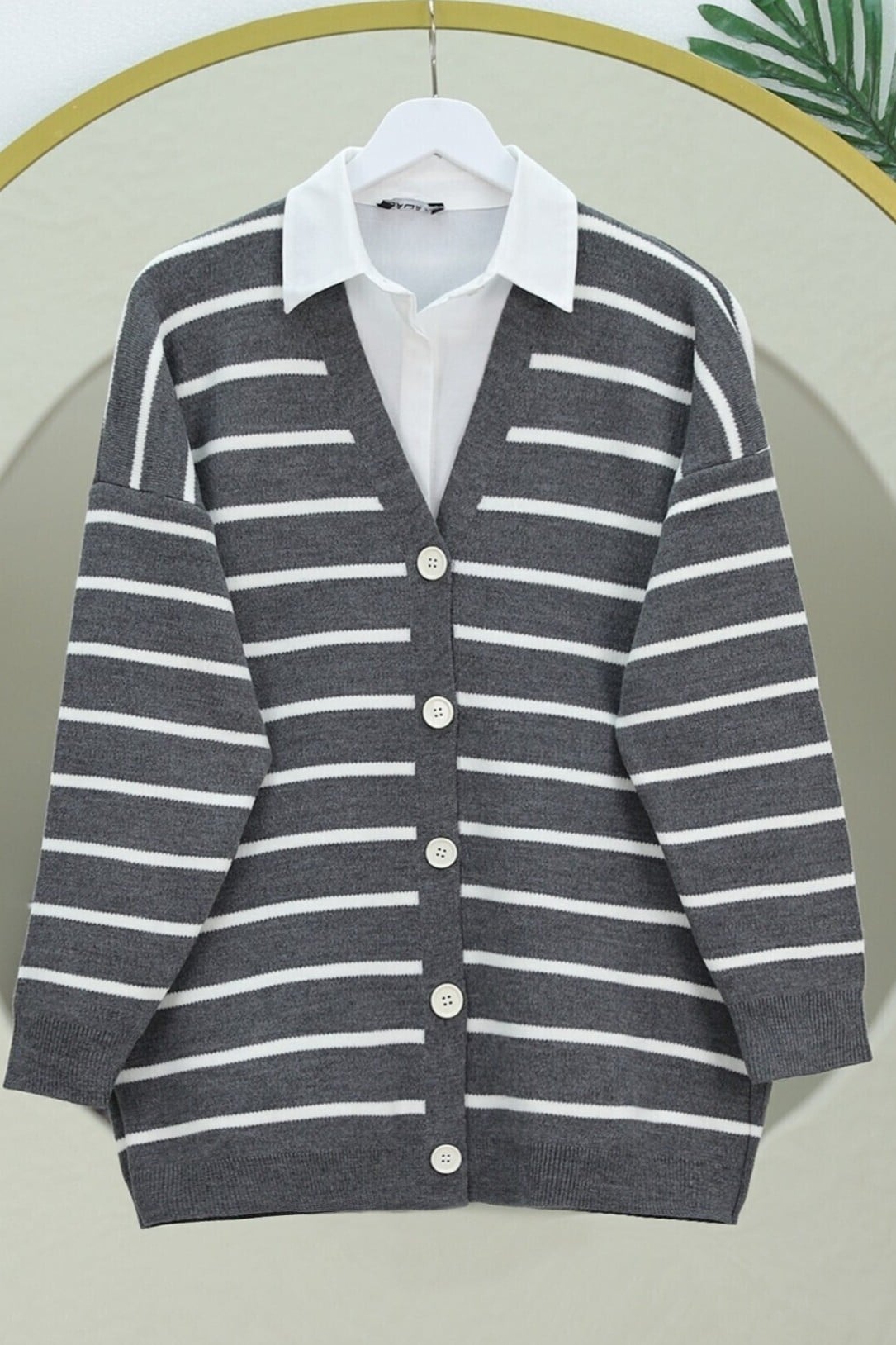 Striped Button-Front V-Neck Knit Cardigan - Smoke - Podyumplus - by Peralane