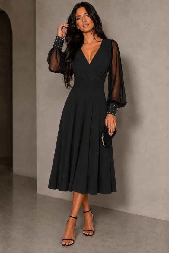 Women's Long-Sleeved Wrap V-Neck Midi Dress with Sheer Pearl Cuffs - Janes - by Peralane