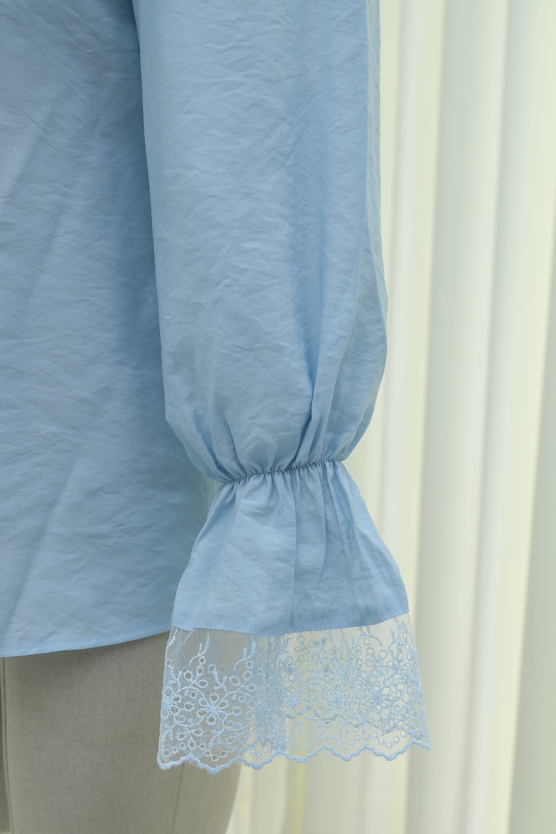 Mandarin Collar, Elasticated Sleeves, Lace Detail, Buttoned Modal Blouse - Baby Blue - Podyumplus - by Peralane - photo 10