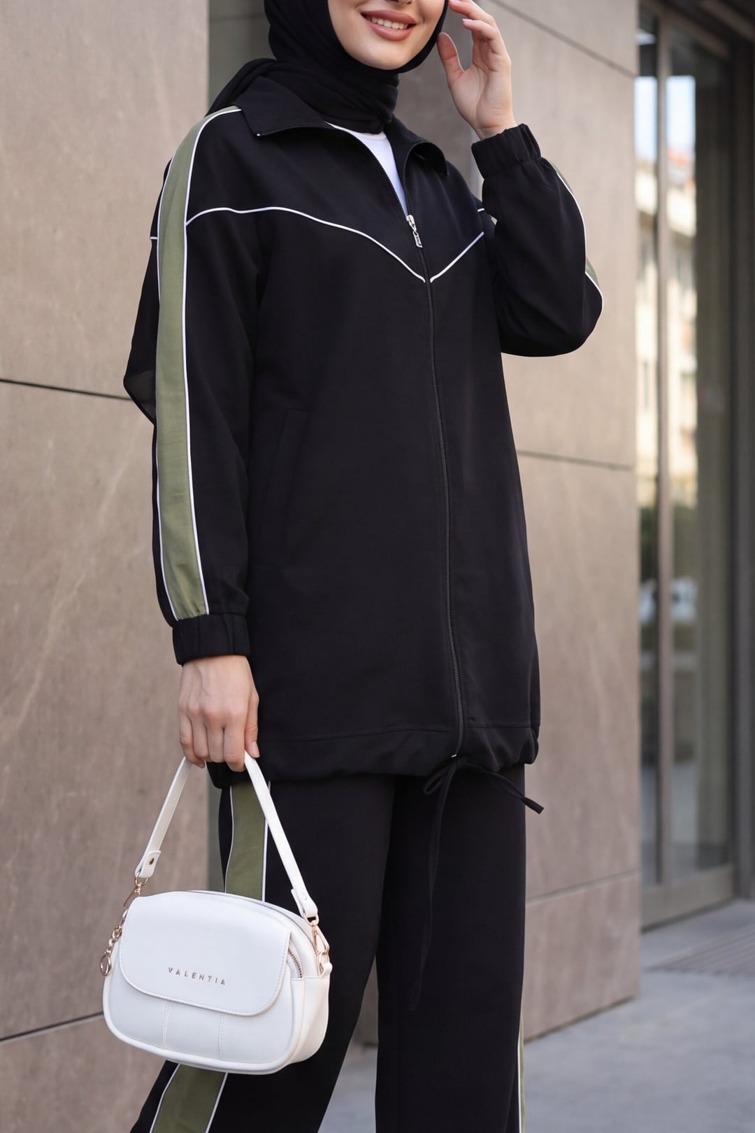 Striped Skirt and Drawstring Trousers Zip-Up Tracksuit Set - Black - Podyumplus - by Peralane