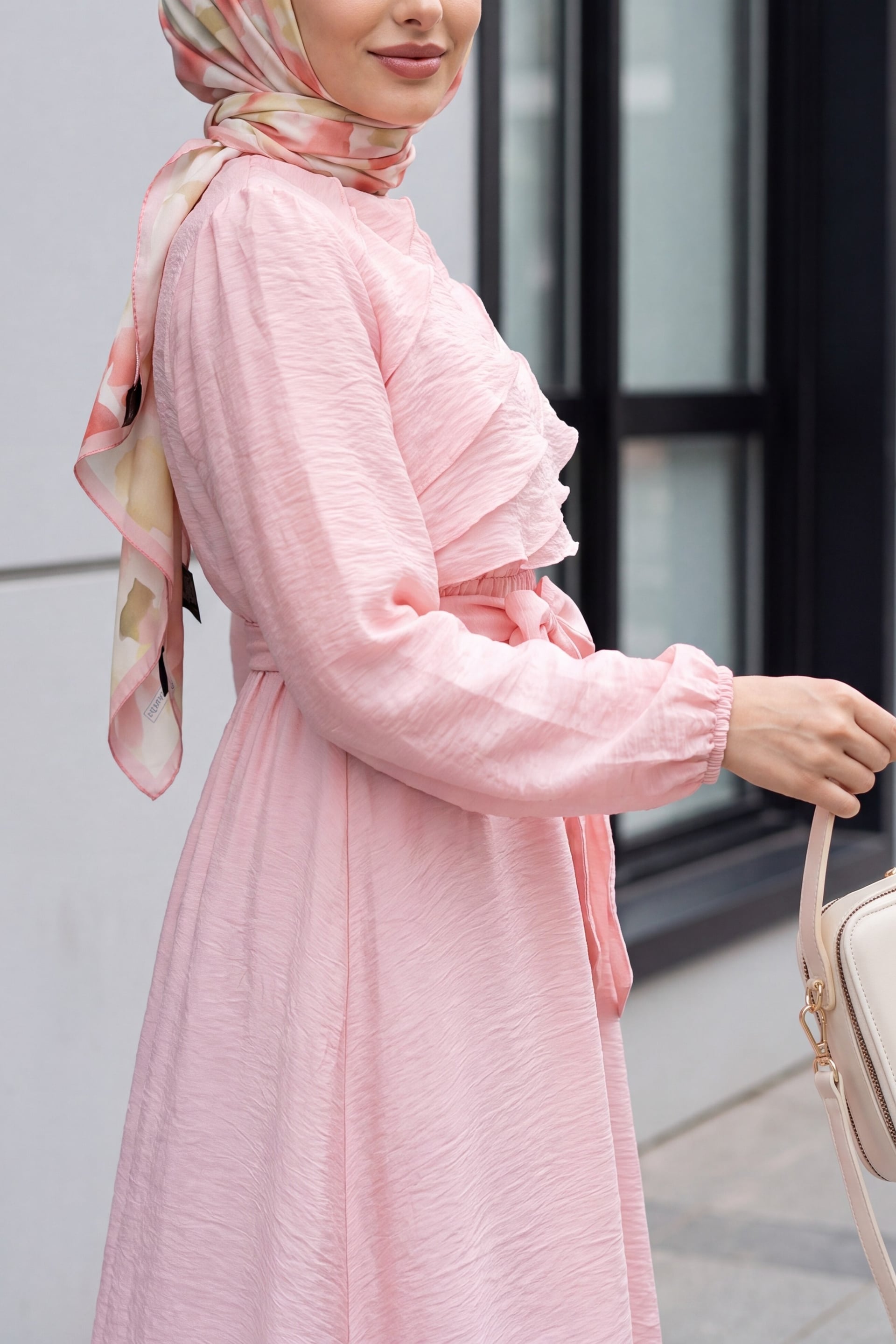 Pink Balloon Sleeve Lined Chiffon Dress with Elastic Waist Belt - Podyumplus - by Peralane - photo 3