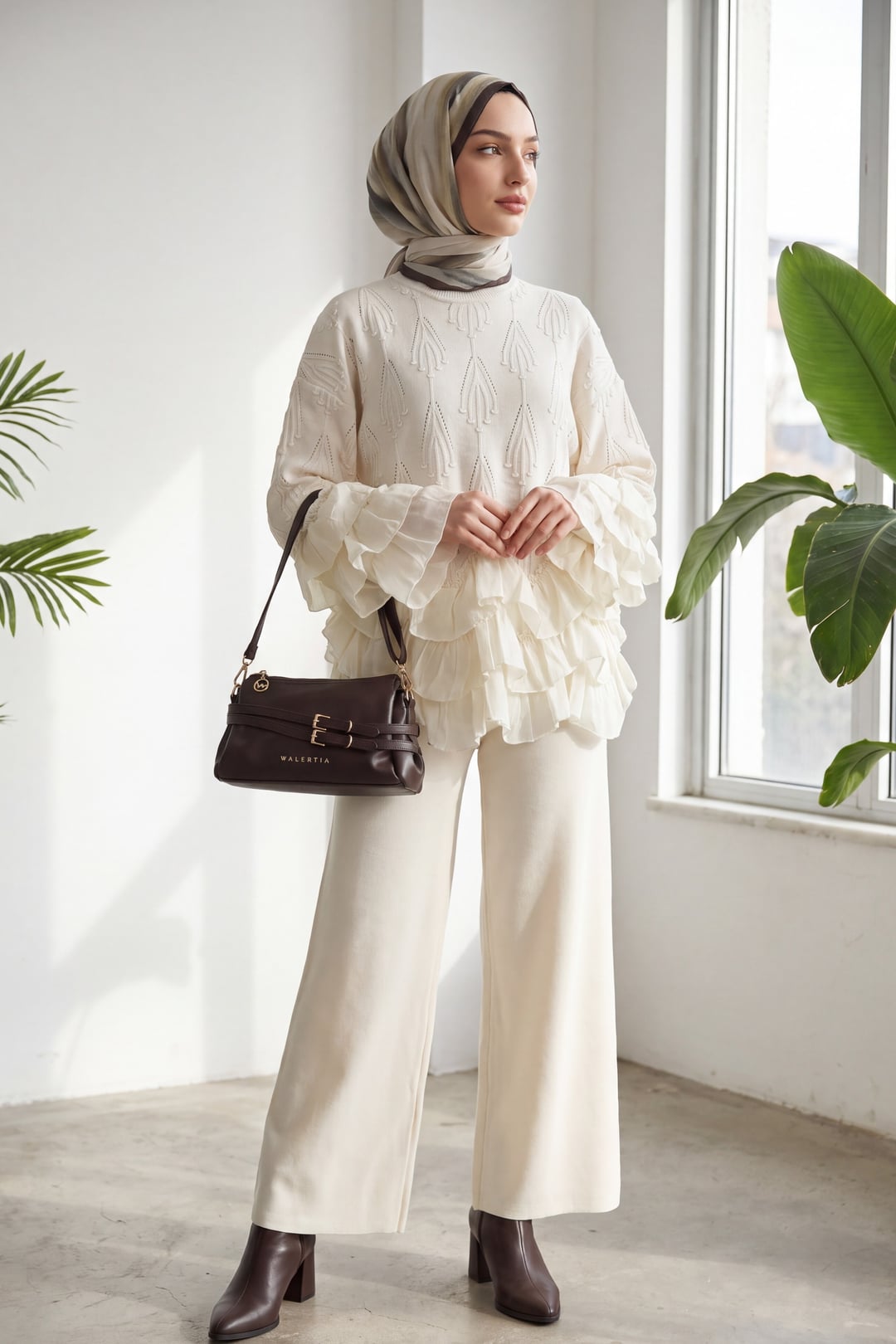 Crew Neck Ruffle Detail Lace-Up Trousers Knit Set - Ecru - Podyumplus - by Peralane - photo 4