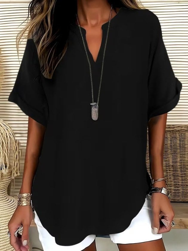 Women's Short Sleeve V-Neck Long Tunic Blouse - Black - Janes - by Peralane