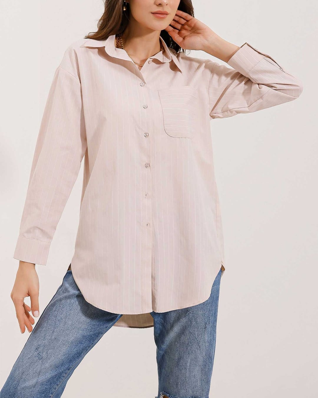 Striped Oversize Blouse and Beige Skirt Two-Piece Set - Wholeskop - by Peralane - photo 4