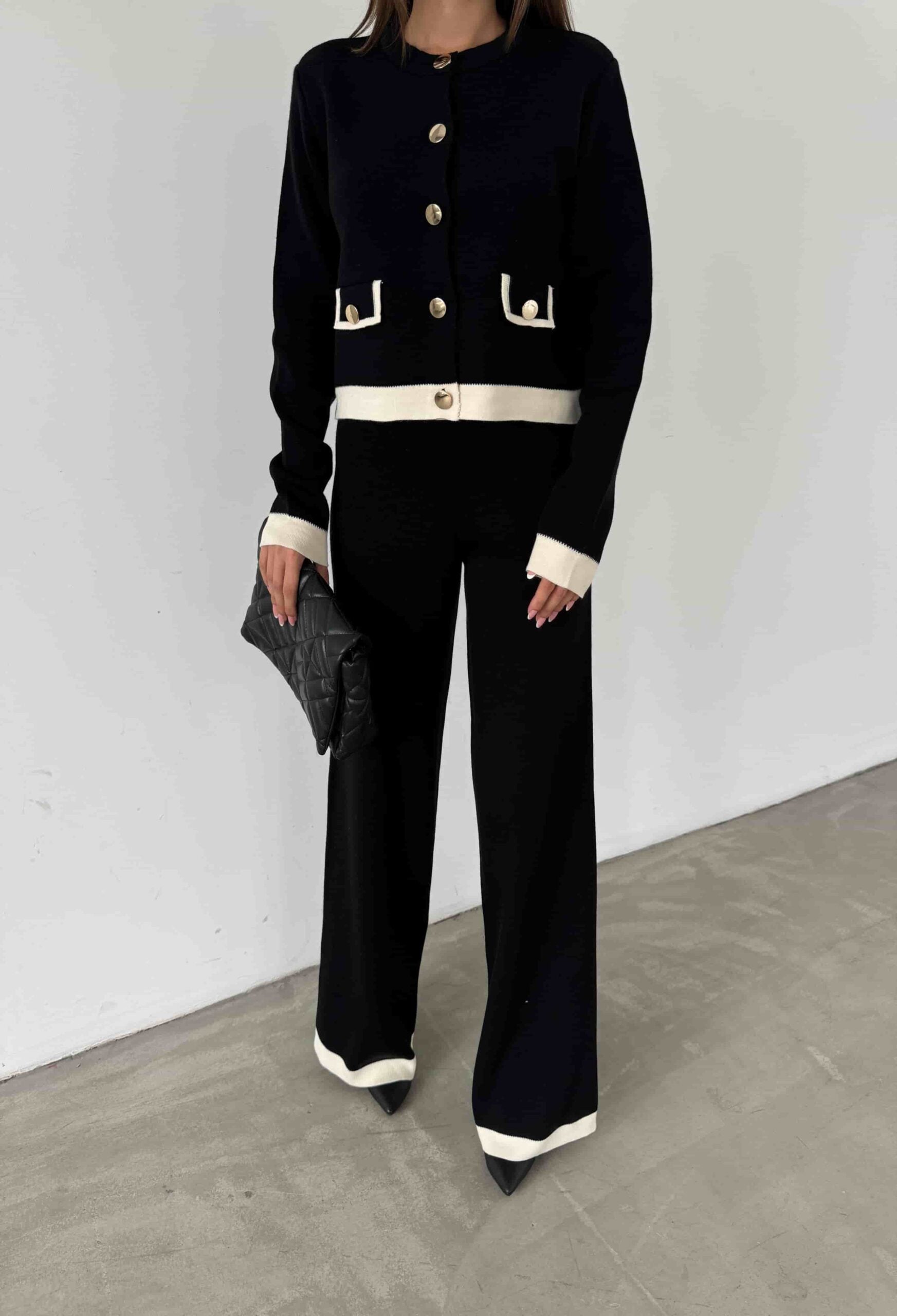 Black Knit Cardigan and Wide-Leg Trousers Set with Cream Trim - My Bee - by Peralane - photo 2