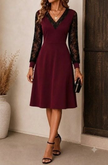 Women's Long Sleeve V-Neck Lace Trim Short Crepe Dress - Janes - by Peralane