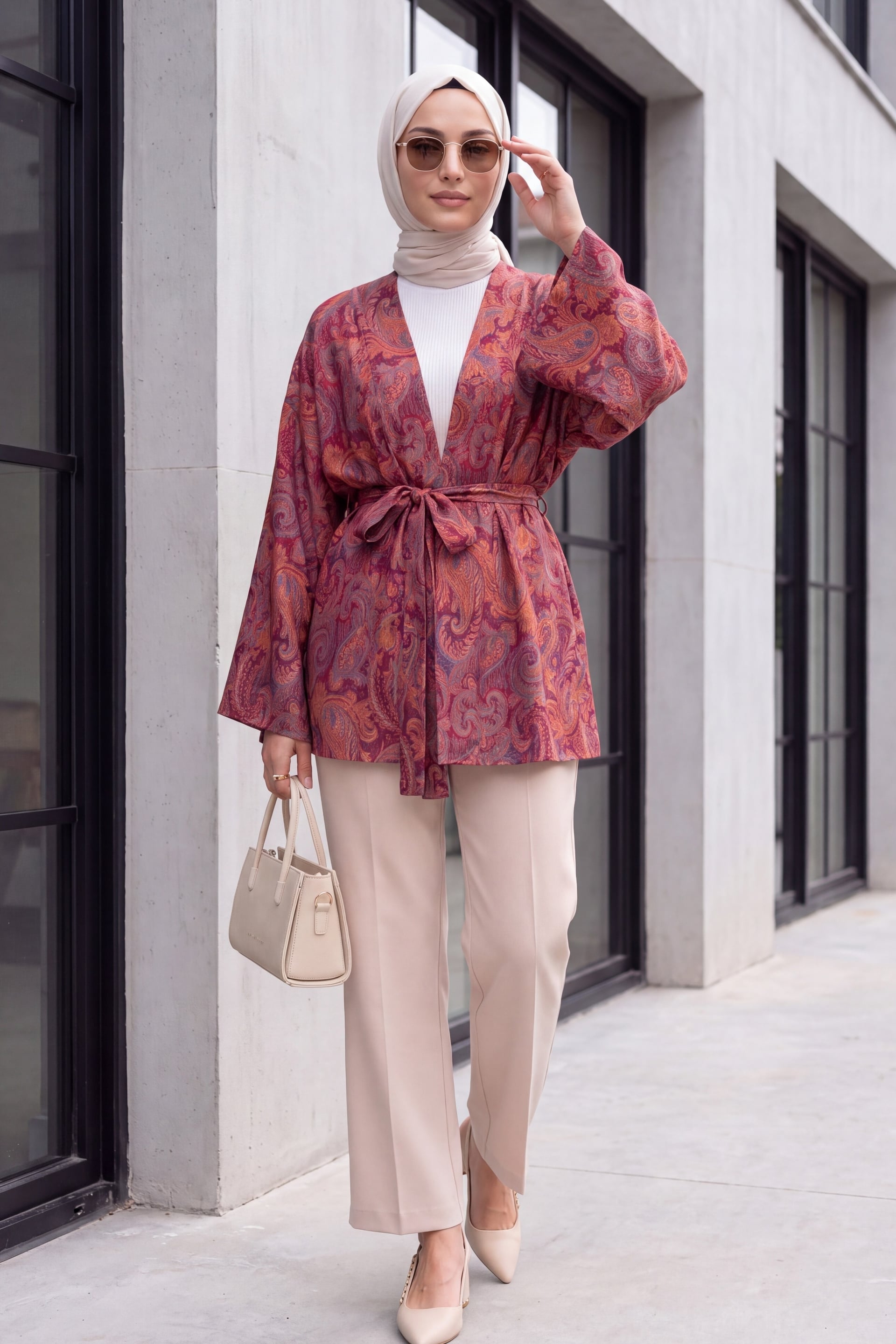 Ethnic Pattern Tie-Belt Kimono - Bordeaux - Podyumplus - by Peralane - photo 5