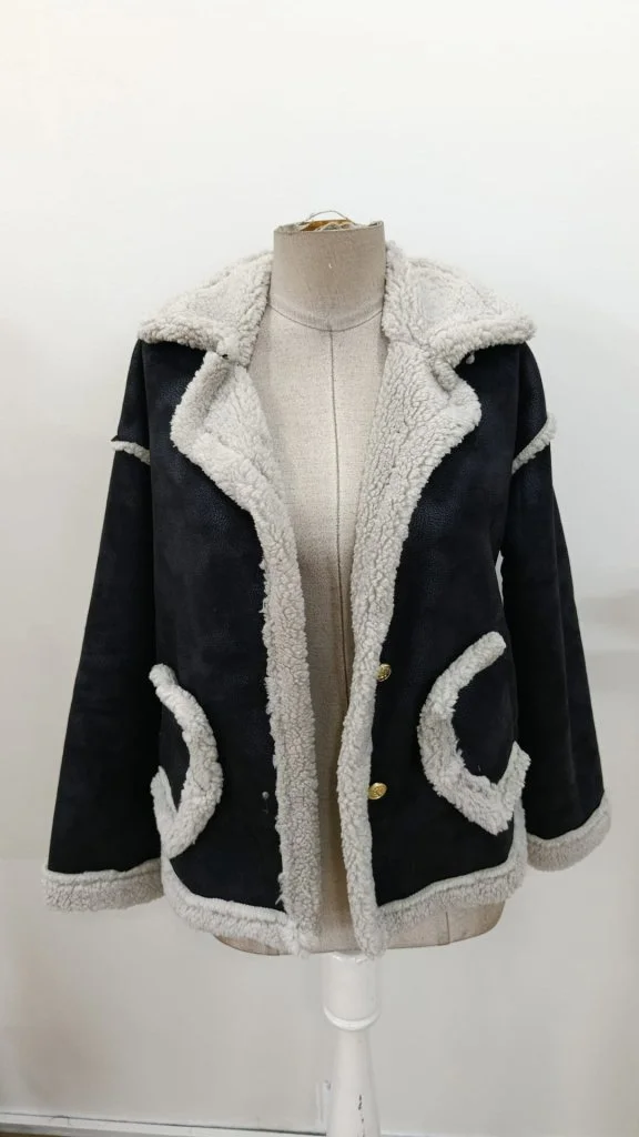 Women's Black Faux Leather Jacket with Sherpa Trim and Button Front - Janes - by Peralane - photo 4
