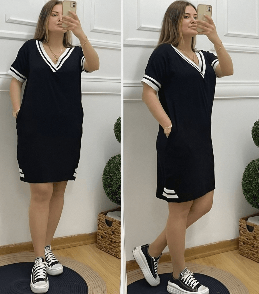 Women's Black Short-Sleeve V-Neck Ribbed Knit Dress with Pockets, Sold as a Pack of 8 - Janes - by Peralane