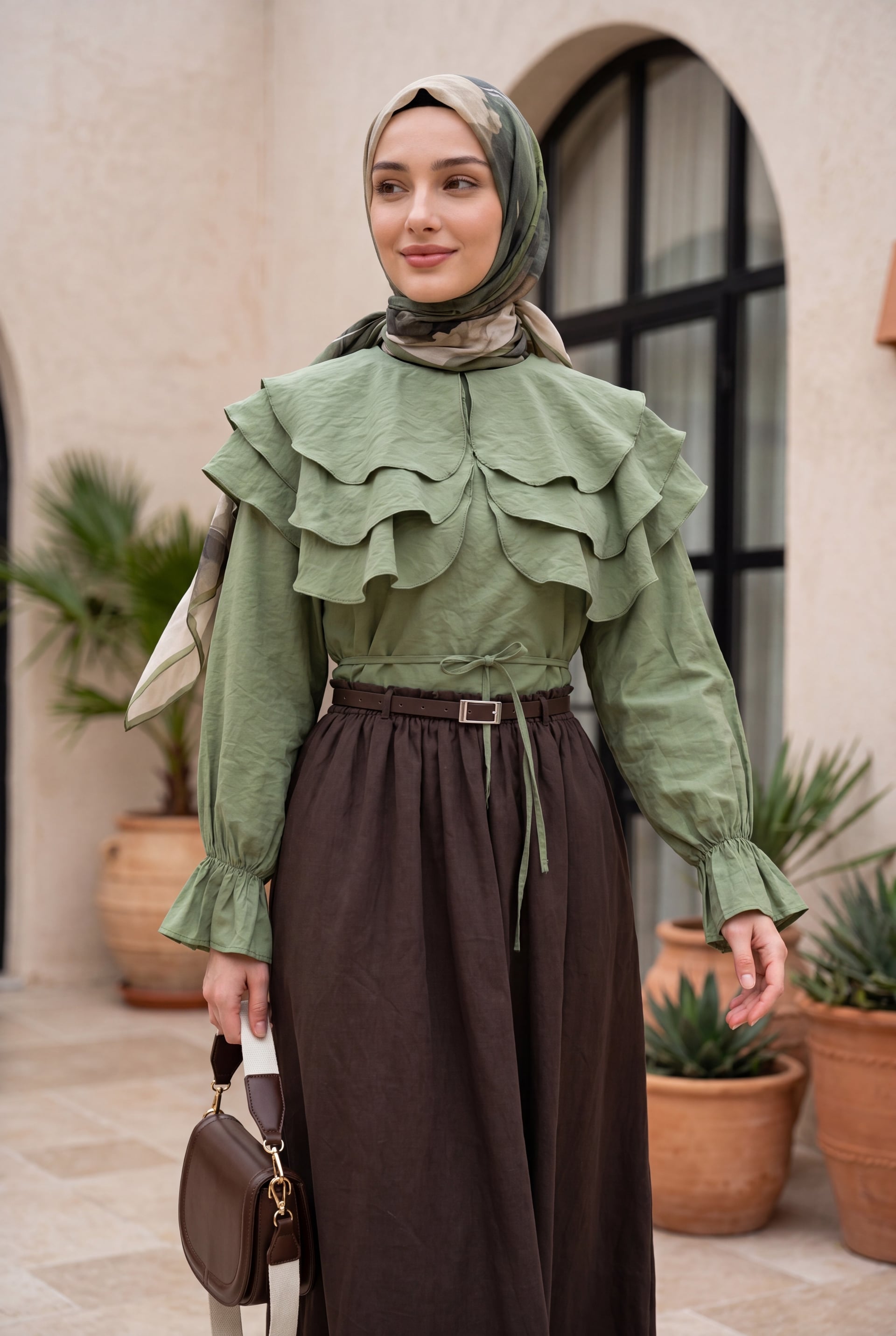 Layered Baby Collar Elastic Sleeve Modal Blouse - Cagla Green - Podyumplus - by Peralane - photo 2