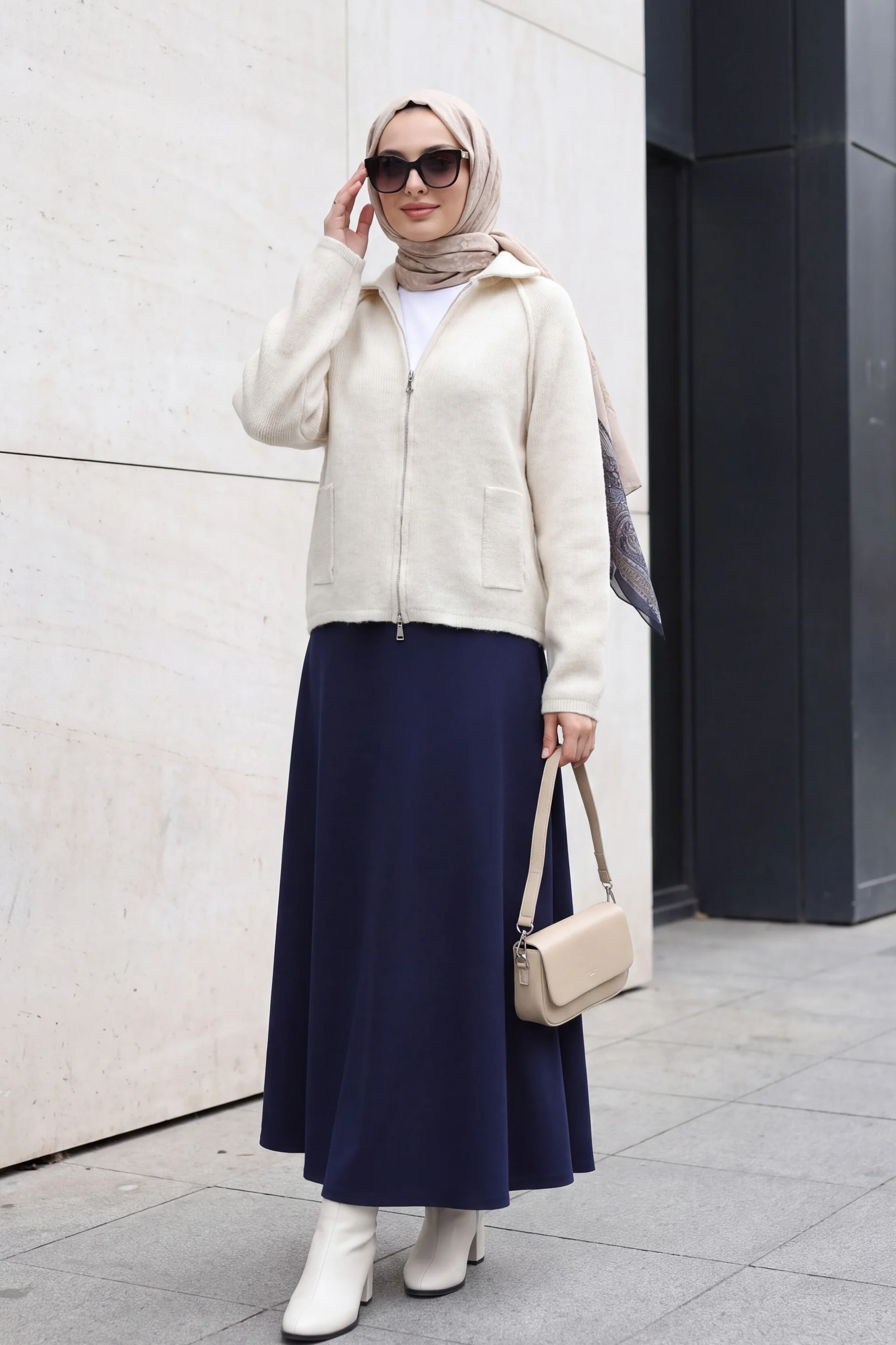 Polo Collar Zip Front Pocket Detail Knitted Cardigan - Stone Colour - Podyumplus - by Peralane - photo 4