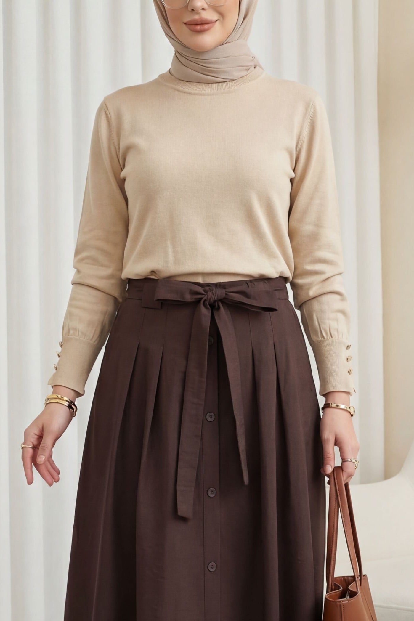 Round Neck Long Sleeve Button Detail Knit Tunic - Light Beige - Podyumplus - by Peralane