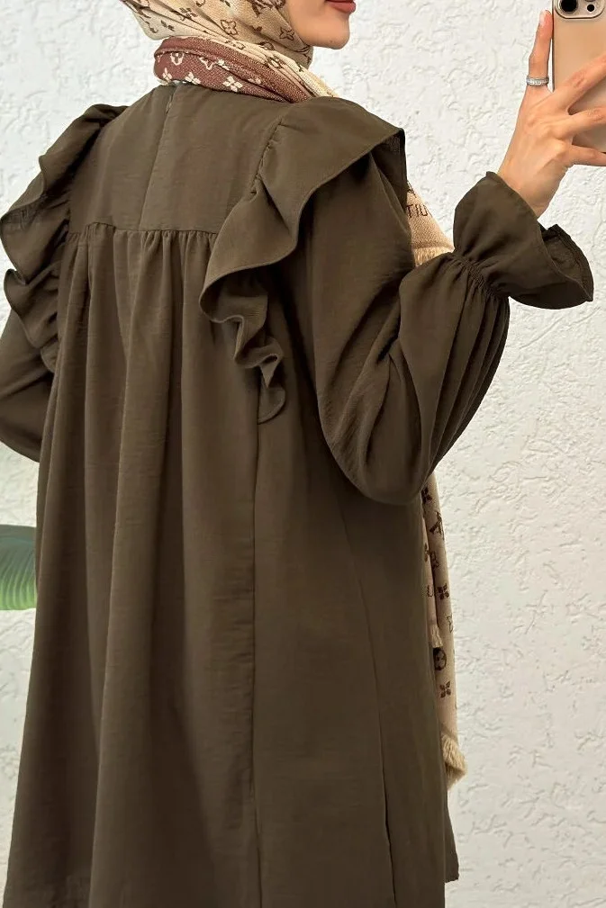 Ruffled Shoulder Poplin Tunic with Lace Yoke - Brown - Podyumplus - by Peralane - photo 6