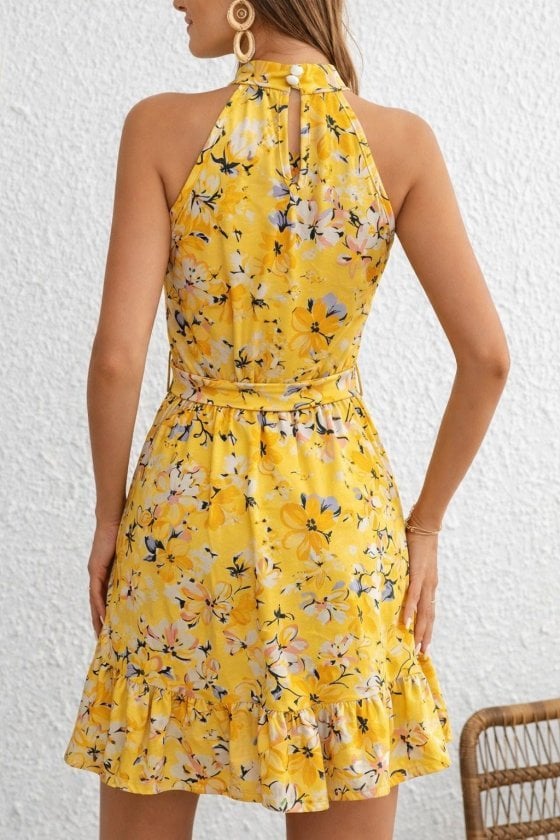 Women's Off-Shoulder Mock Neck Patterned Short Suprem Dress with Belt, Yellow Floral - Janes - by Peralane - photo 3