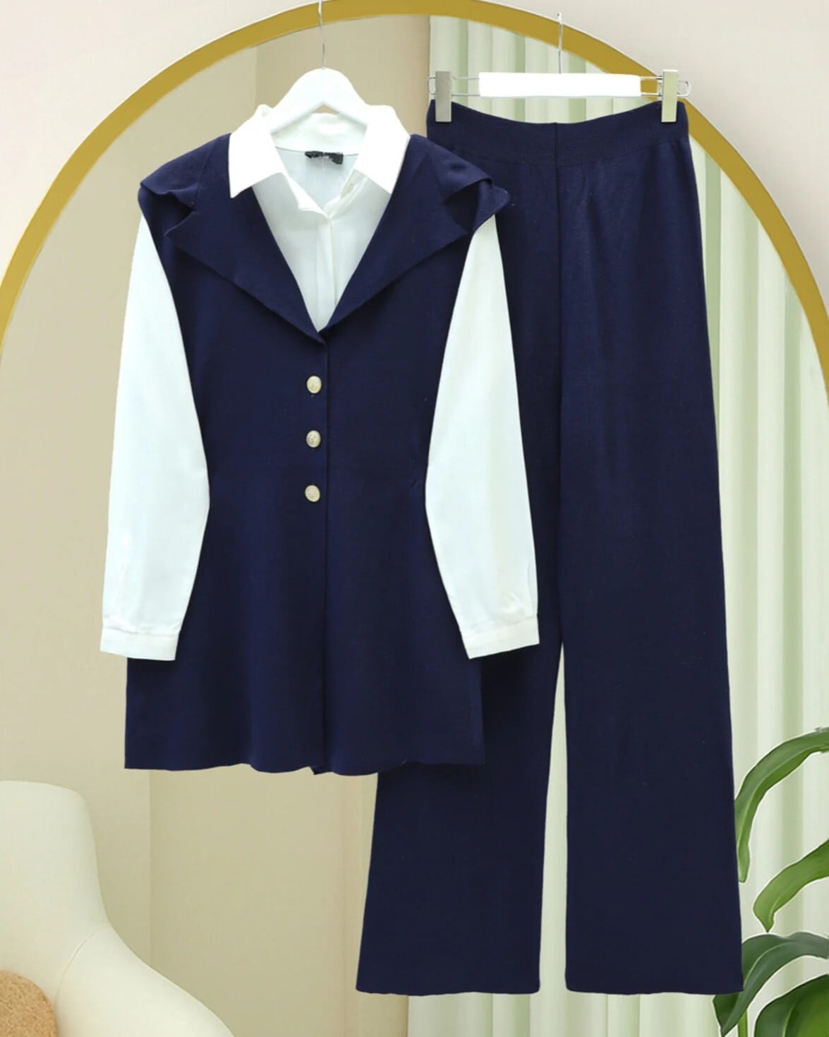 Navy Blue Buttoned V-Neck Vest and Trousers Knit Set - Podyumplus - by Peralane - photo 3