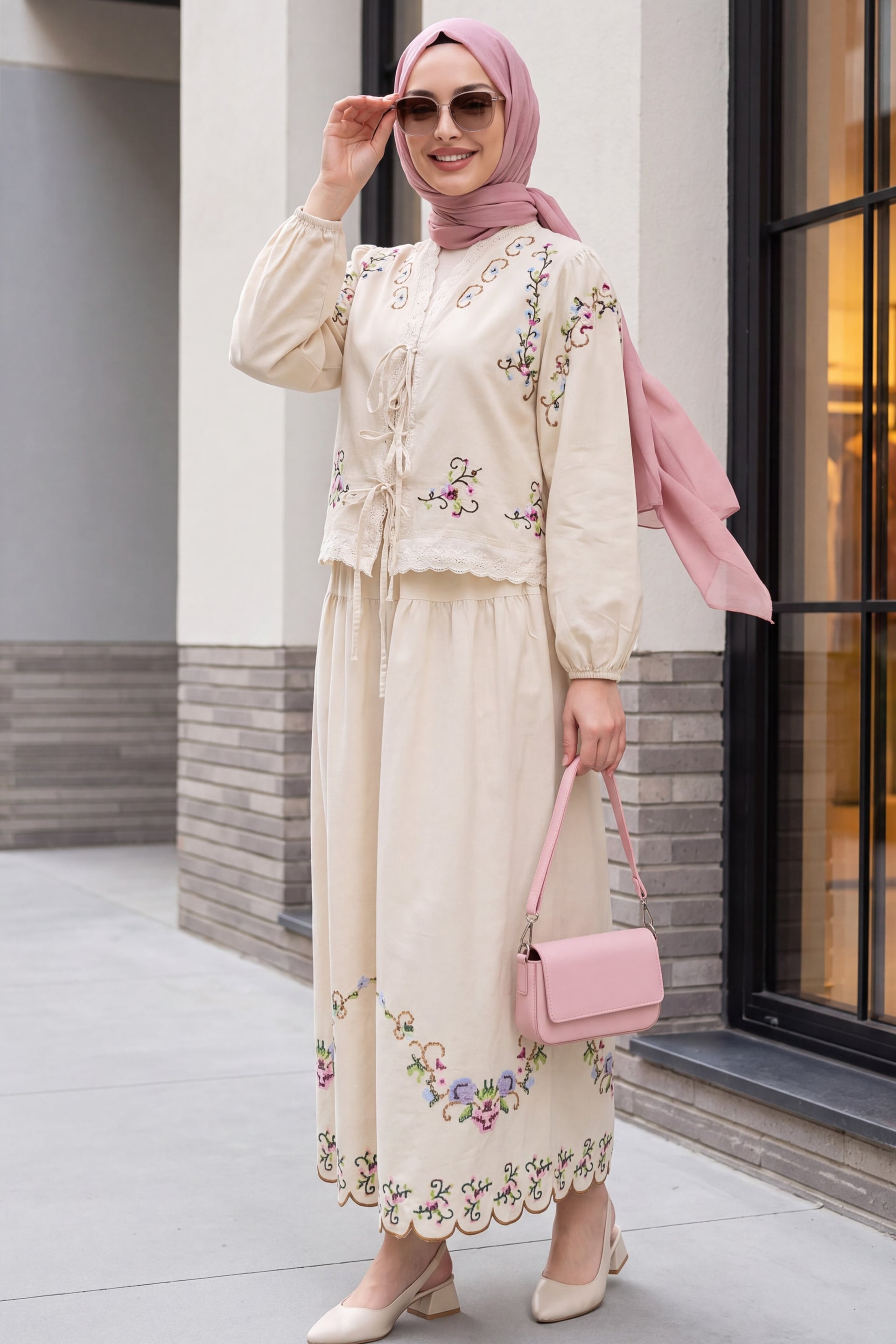 Beige Linen Kimono Set with Cross-Stitch Embroidery and Scalloped Skirt - Podyumplus - by Peralane