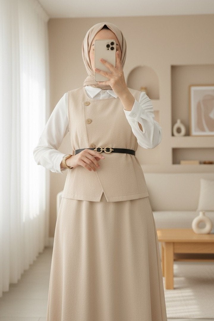 Beige Cross-Button Vest and Skirt Two-Piece Set - Podyumplus - by Peralane - photo 4