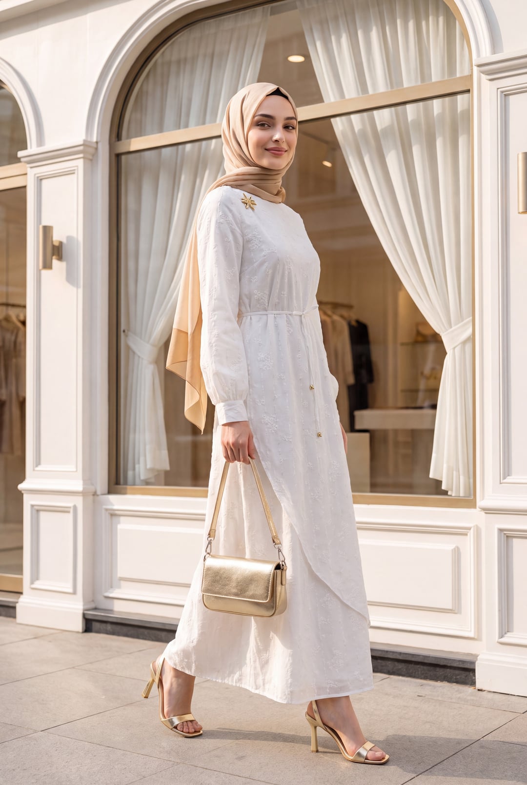 White Double-Layer Wrap Linen Look Dress with Brooch - Podyumplus - by Peralane - photo 2