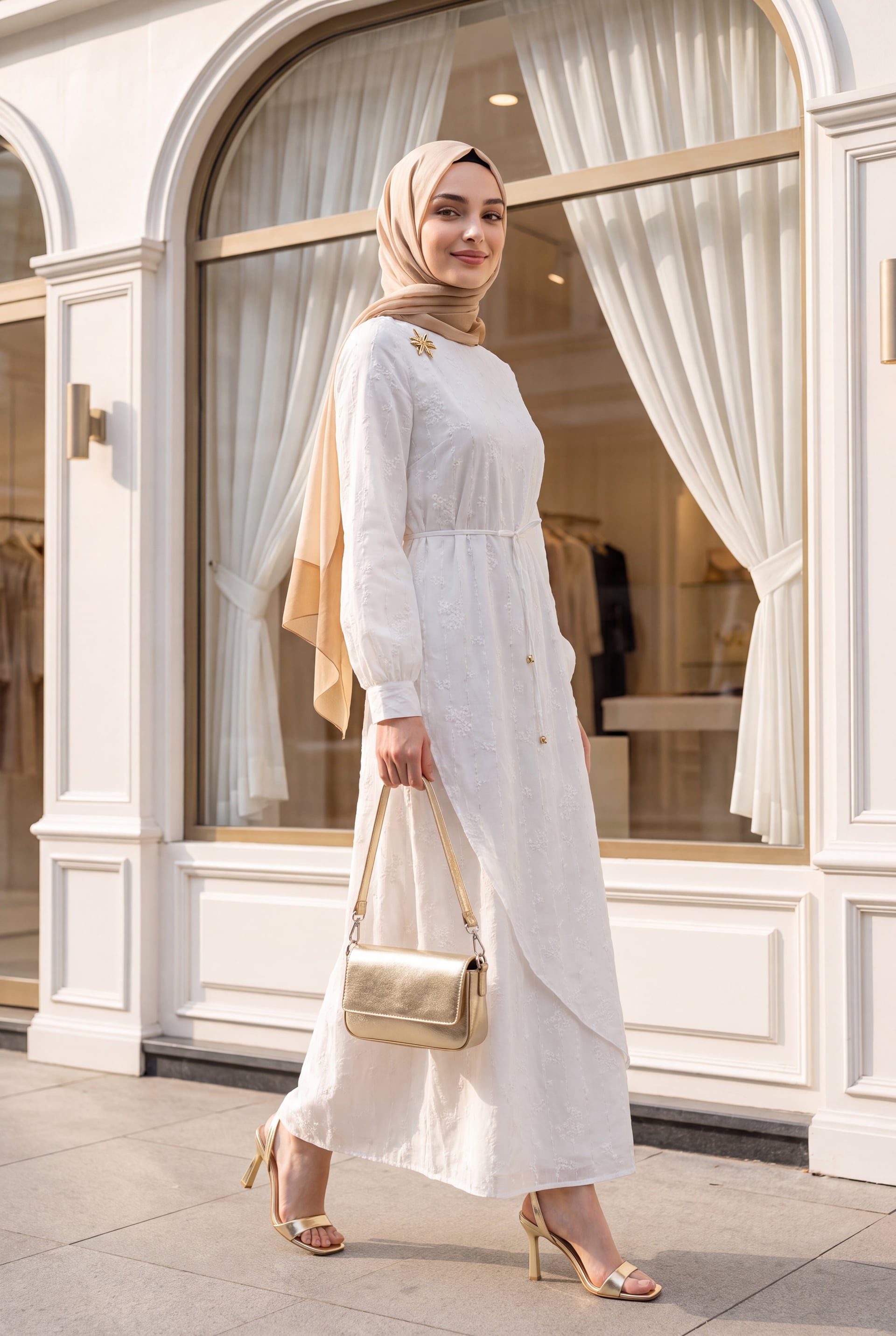 White Double-Layer Wrap Linen Look Dress with Brooch - Podyumplus - by Peralane - photo 2