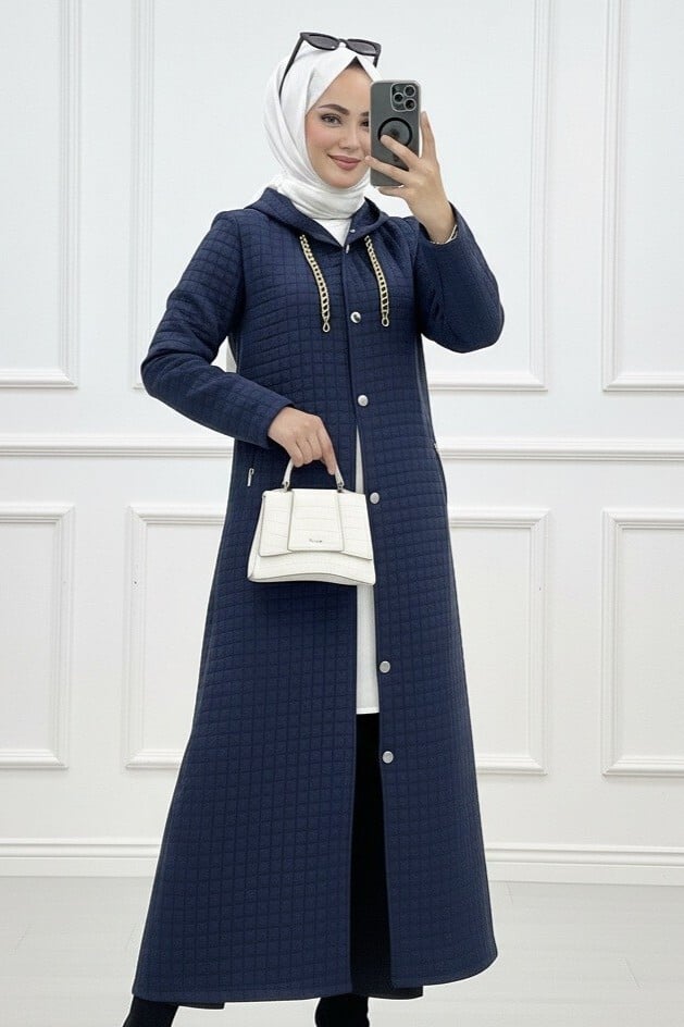 Long Quilted Coat with Chain Detail - Navy - Podyumplus - by Peralane - photo 5