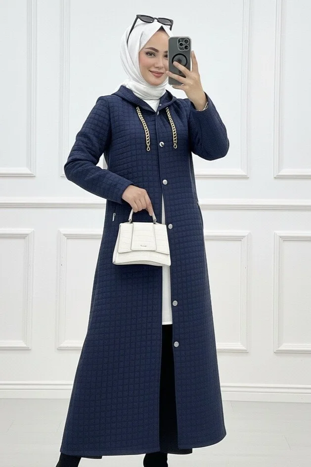 Long Quilted Coat with Chain Detail - Navy - Podyumplus - by Peralane - photo 5