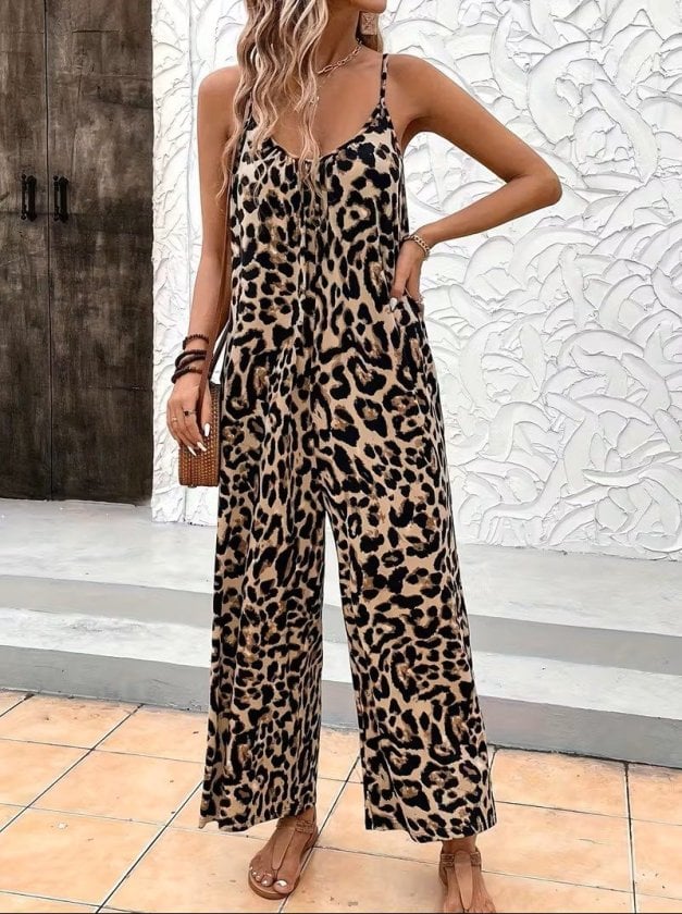 Women's Sleeveless Wide-Leg Leopard Print Jumpsuit with Pockets - Janes - by Peralane