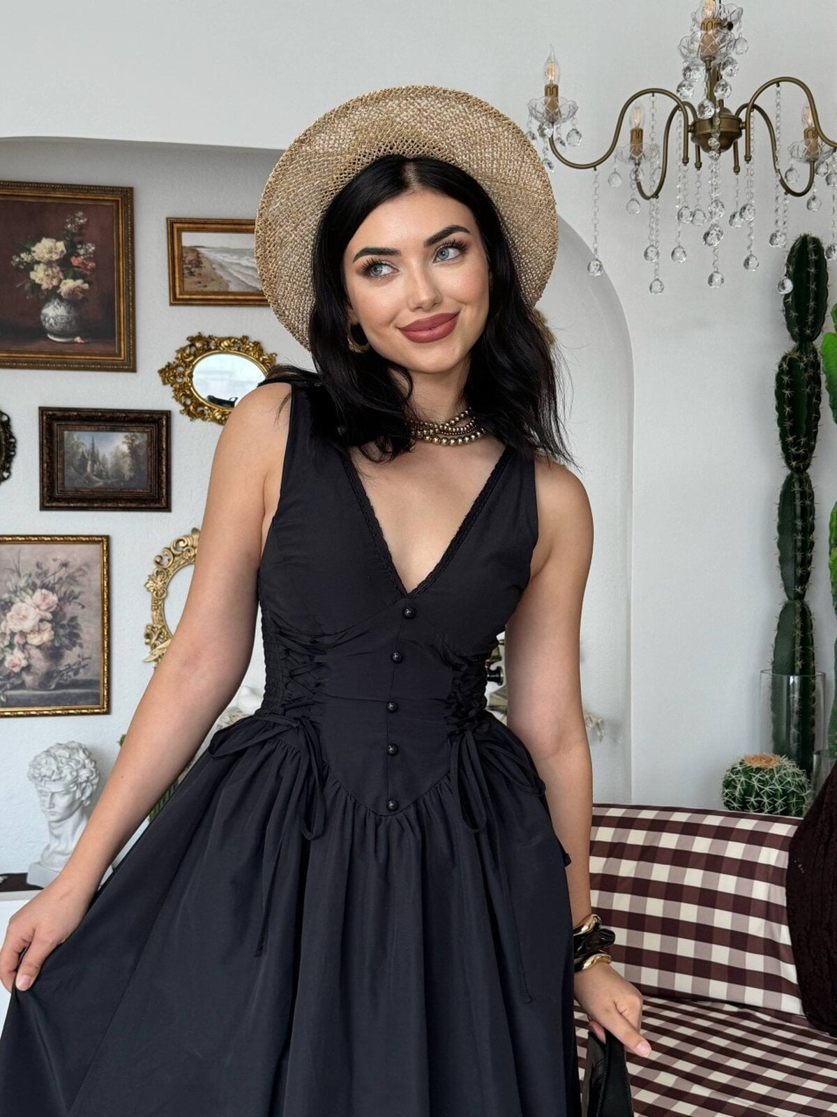 Black Poplin Dress with Lace Trim and Corset Lacing - Etika - by Peralane - photo 7