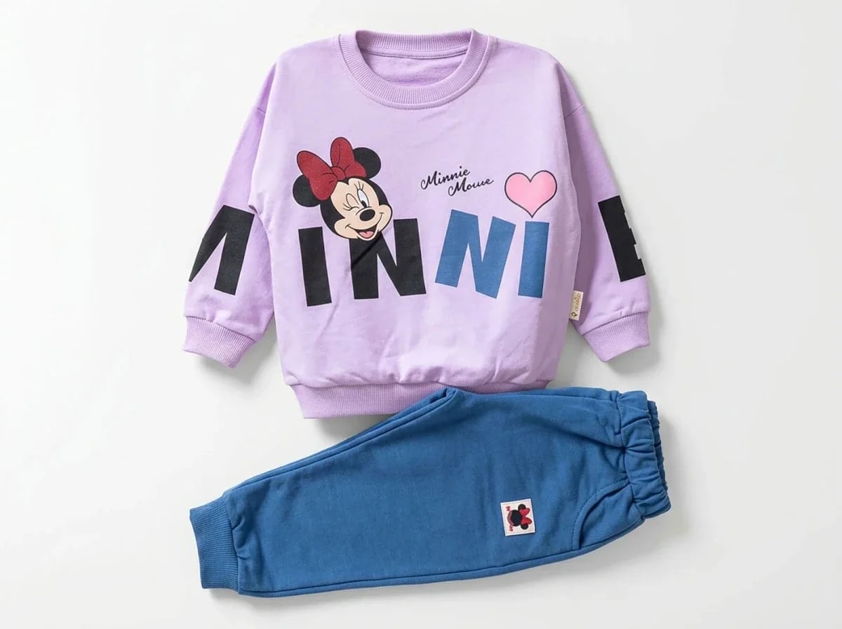 Minnie Printed Girls' Sweatshirt and Trousers Set - Lilac - Vovido - by Peralane