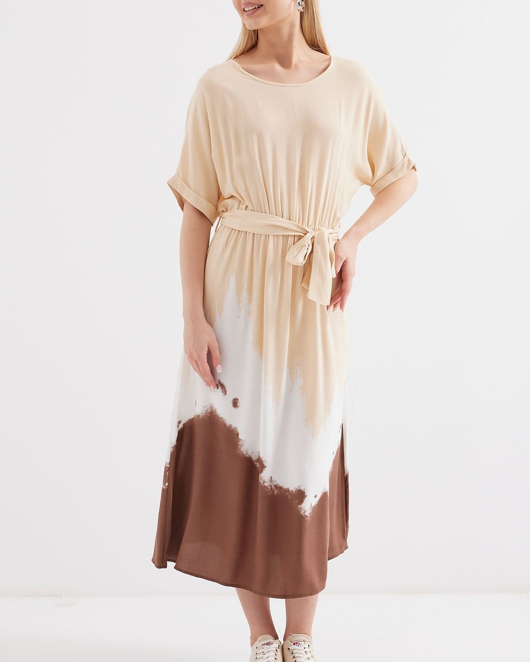 Patterned Short Sleeve Viscose Midi Dress - Cream - Bigdart - by Peralane - photo 2