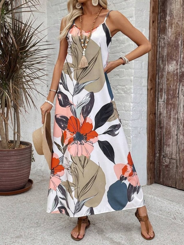 Women's Sleeveless V-Neck Floral Print Maxi Dress with Adjustable Straps - Janes - by Peralane - photo 4
