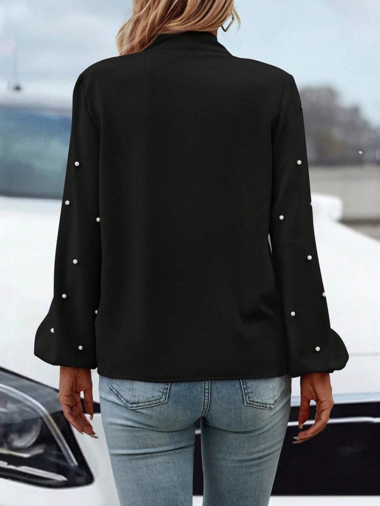 Women's Long-Sleeve Crepe Blouse with Bow and Pearl Beads - Janes - by Peralane - photo 4