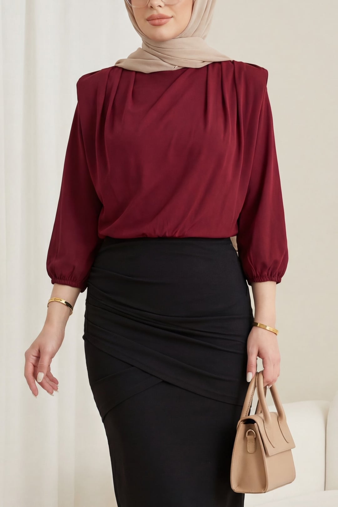 Burgundy Blouse with Integrated Jumpsuit and Puffed Sleeves - Podyumplus - by Peralane - photo 2