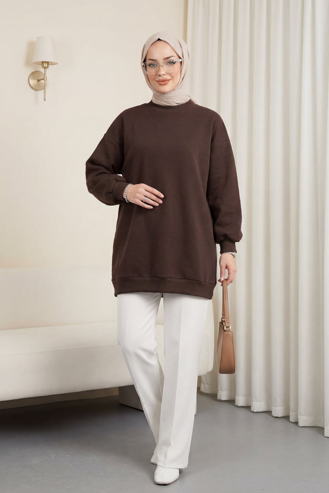 Three-Thread Fleece-Lined Sweatshirt with Balloon Sleeves - Dark Brown - Podyumplus - by Peralane - photo 2