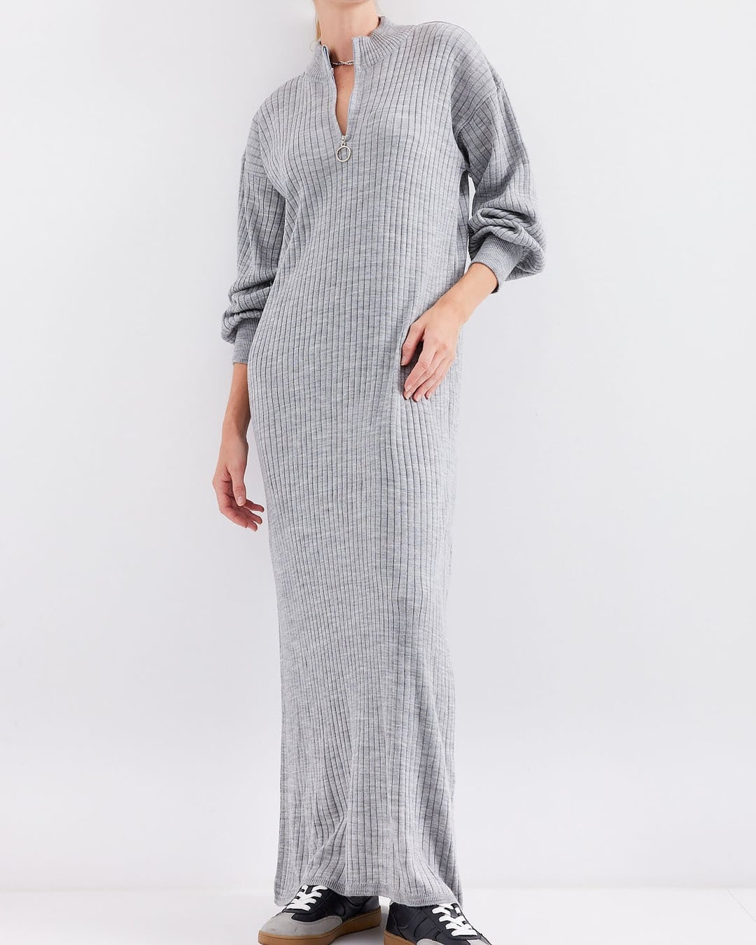 Grey Ribbed Knit Midi Dress with Half-Zip - Bigdart - by Peralane - photo 3