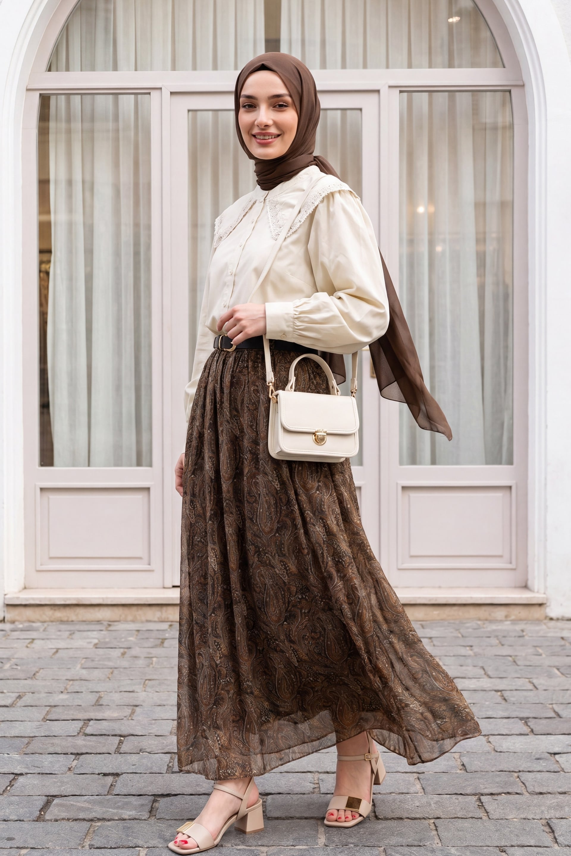 Patterned Tulle Skirt with Elastic Waist and Belt - Khaki - Podyumplus - by Peralane - photo 5