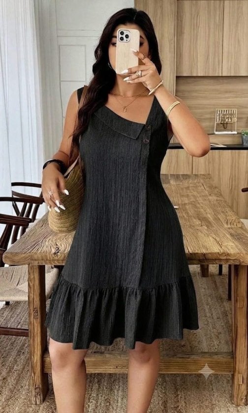 Women's Thick Strap Asymmetric Neckline Ruffled Hem Crinkle Dress - Janes - by Peralane