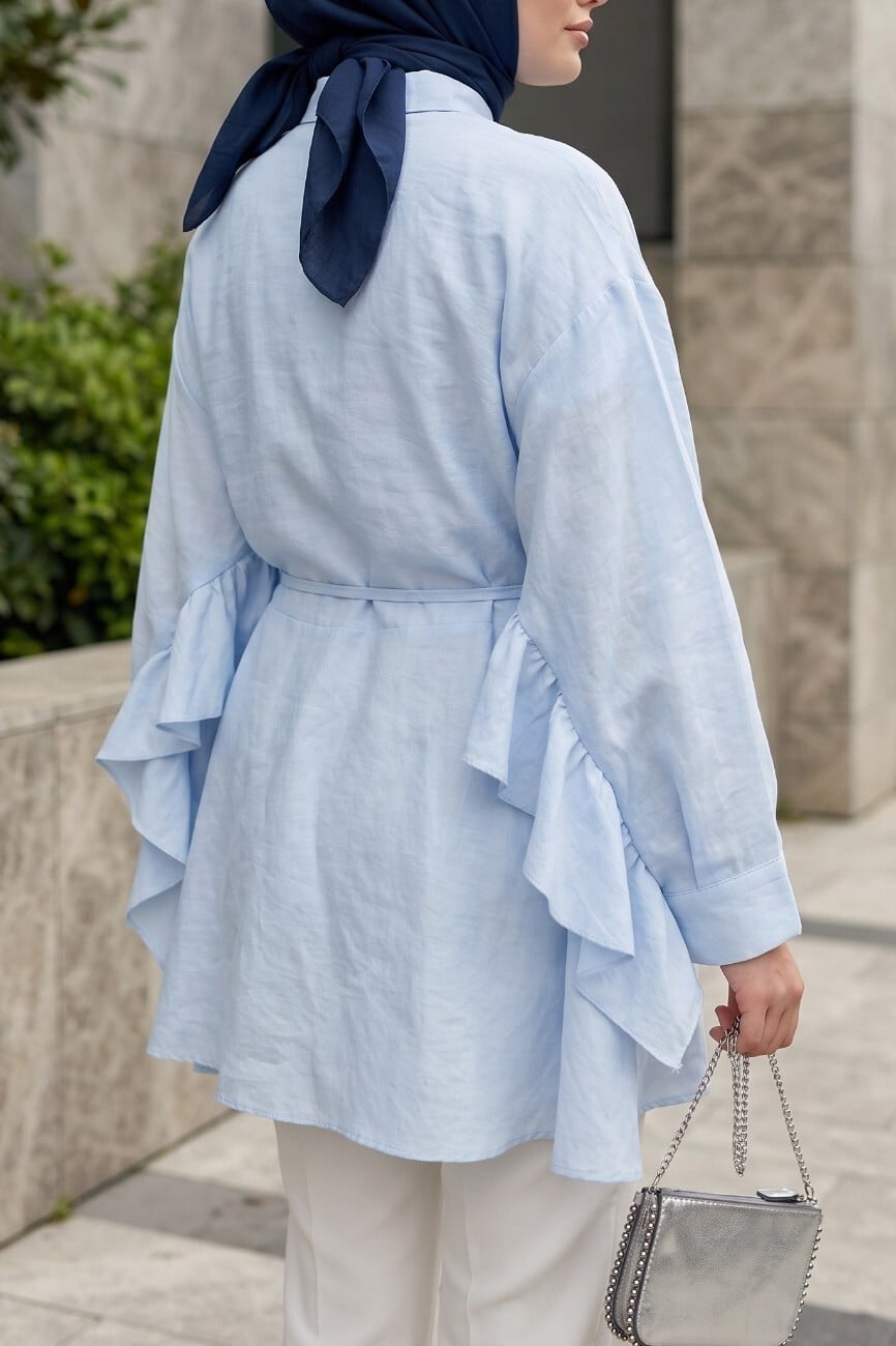 Buttoned Belted Batwing Sleeve Frill Oversize Modal Tunic - Baby Blue - Podyumplus - by Peralane - photo 2