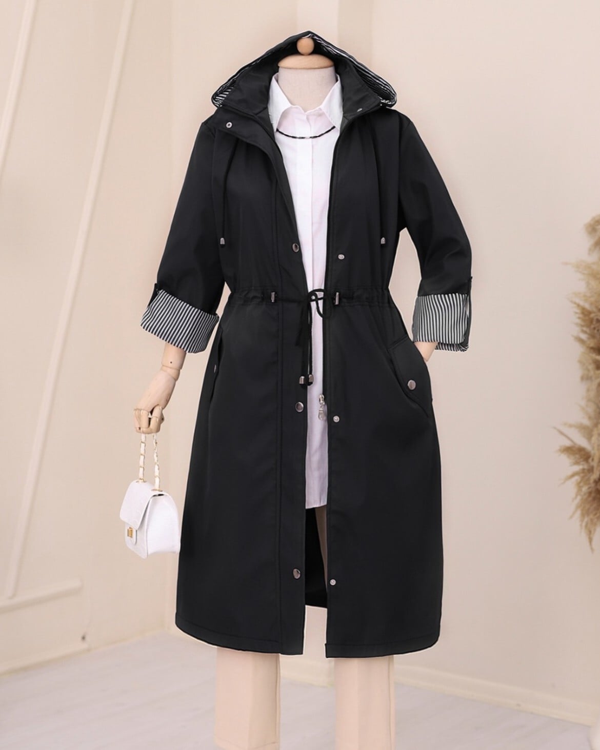 Black Hooded Trench Coat with Striped Lining - Podyumplus - by Peralane - photo 6