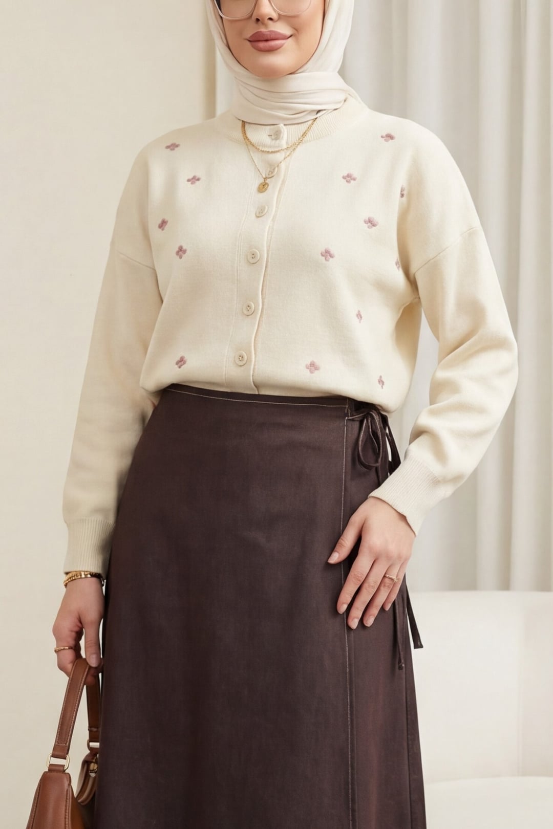 Cream Oversize Knit Cardigan with Scattered Flower Embroidery - Podyumplus - by Peralane - photo 5