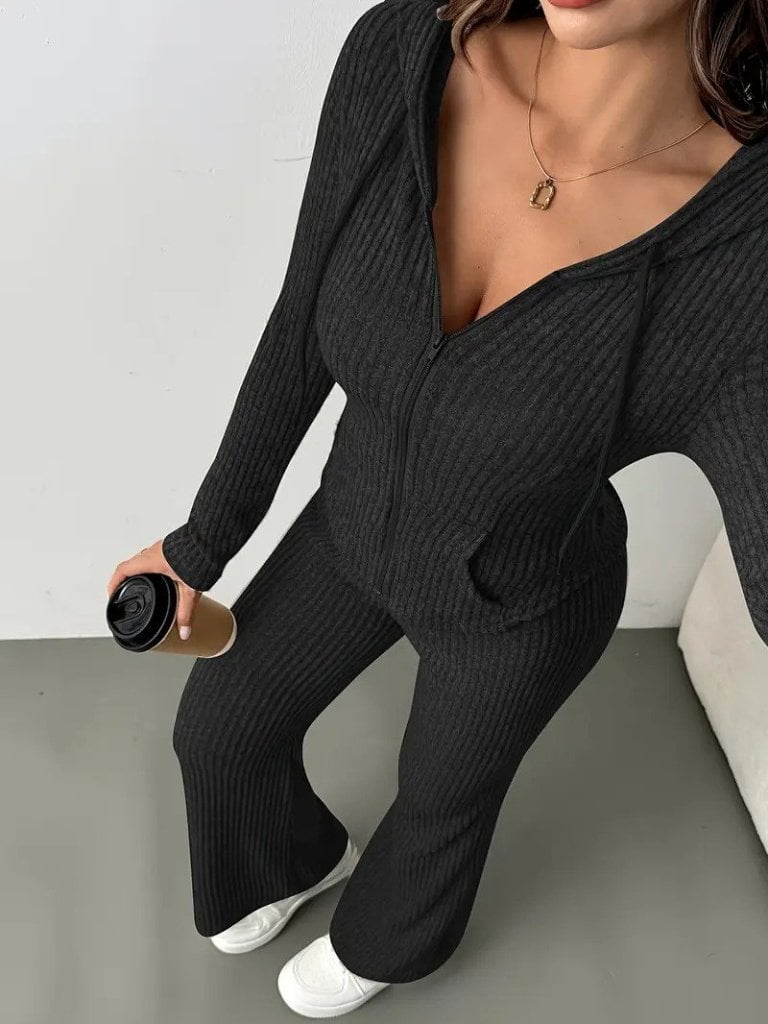 Women's Hooded Zip-Up Top and Flared Trousers Lounge Set - Janes - by Peralane - photo 4